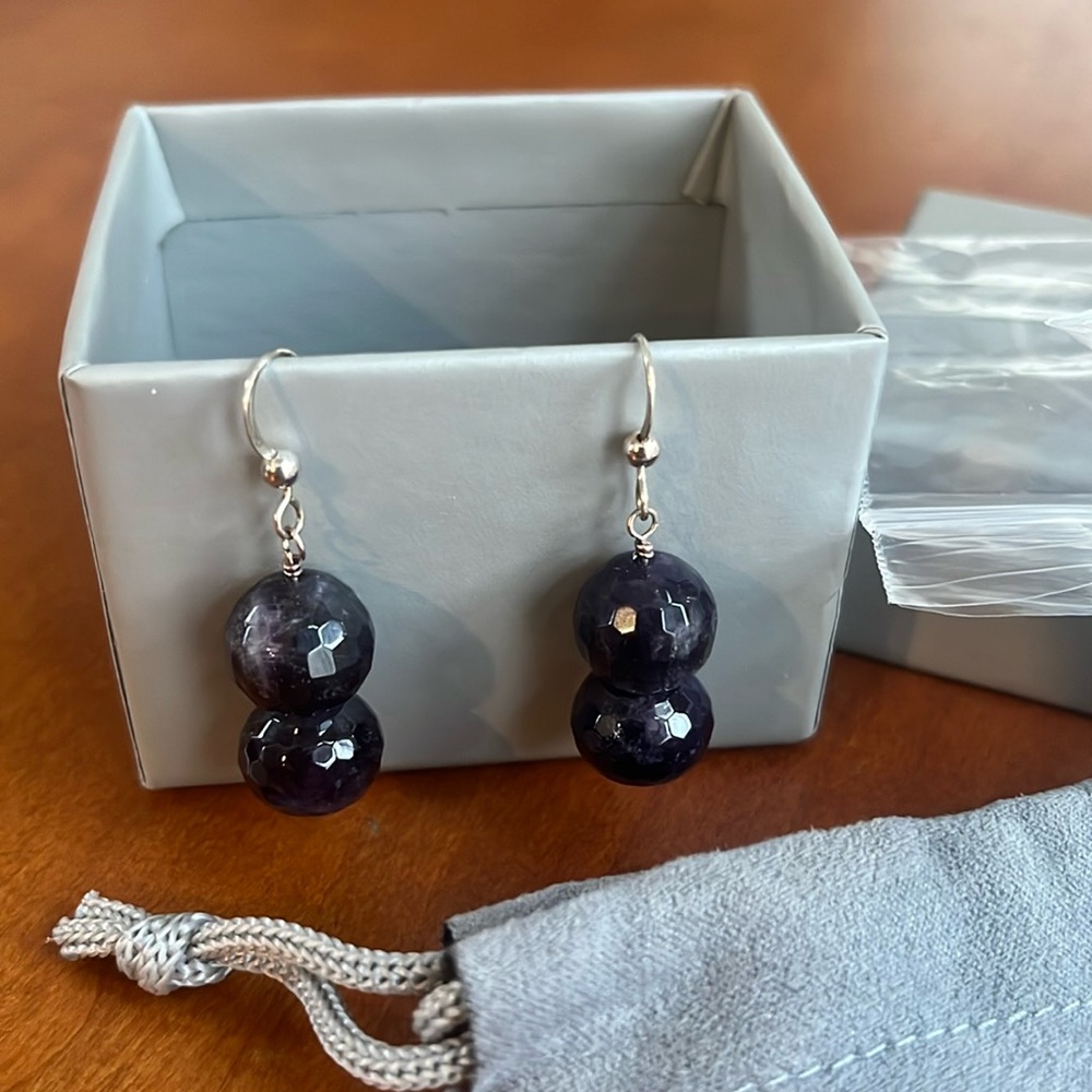 New Jay King Mine Finds Genuine Amethyst Faceted Double Bead Earrings w/925 SS.